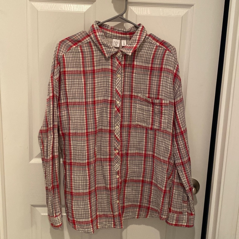 orange and grey plaid style button down